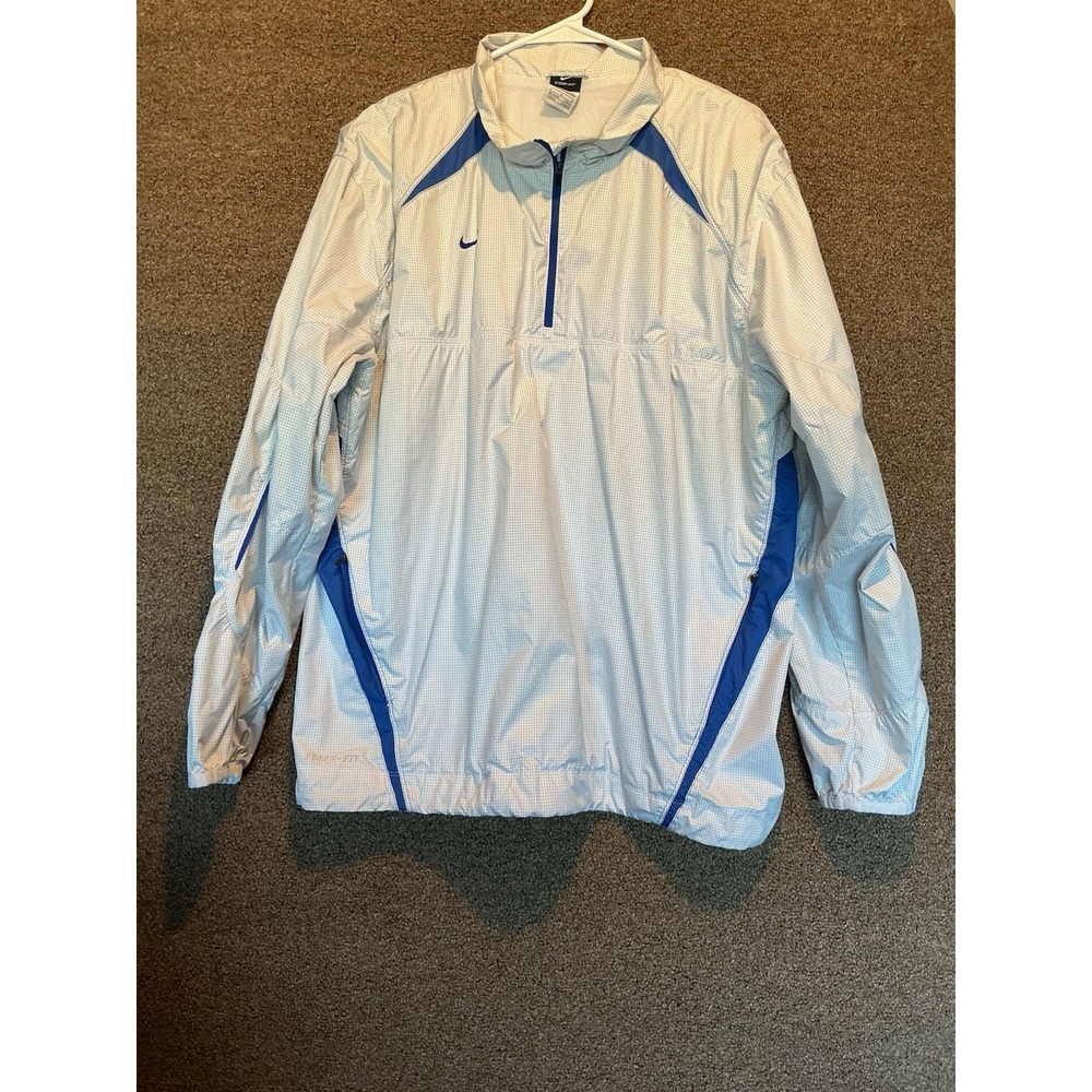 Nike‎ Storm Fit Wind Breaker 1/4 Zip Men White Blue Stripes L Golf Performance
